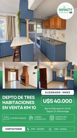 Departamento de 3 habitaciones en venta en el Km10 de Eldorado